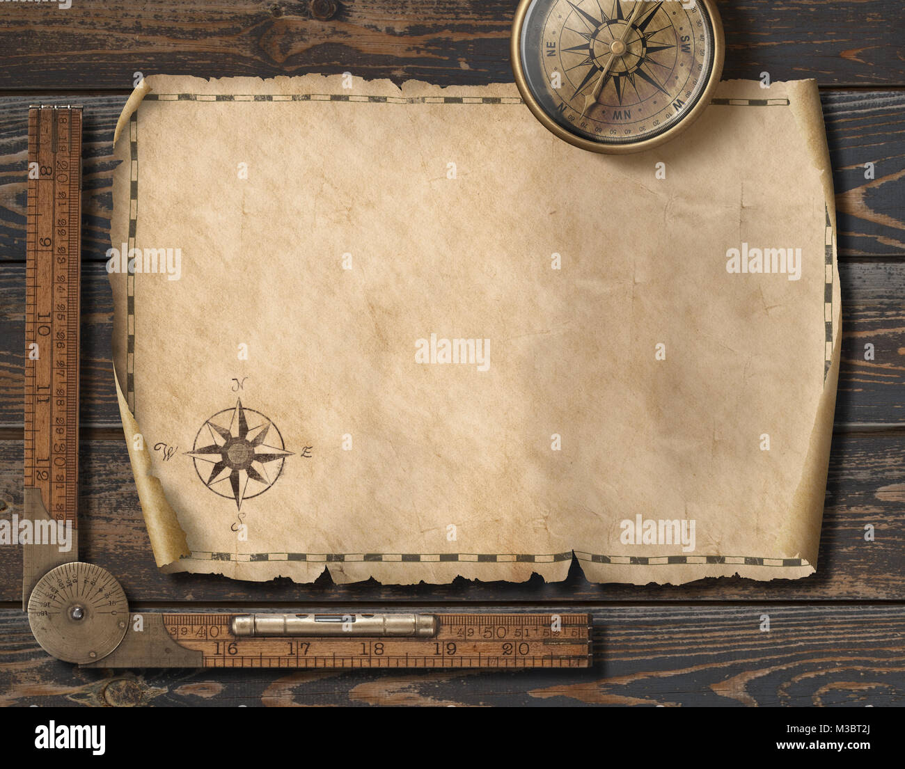 Alte leere Karte Hintergrund mit Kompass. Abenteuer oder Entdeckung Konzept. Stockfoto