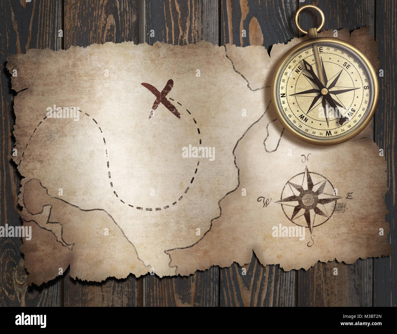 Alten Schatz der Piraten Karte mit Kompass auf Holz Tabelle Ansicht von oben Stockfoto