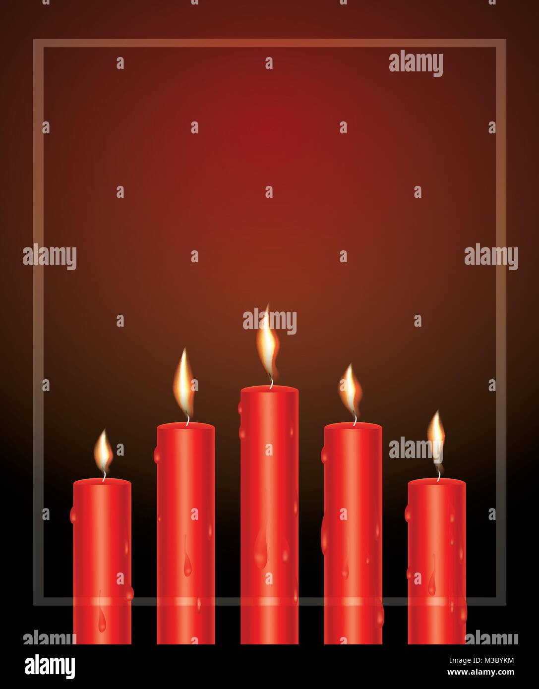 Realistische Rot leuchtende Kerzen mit geschmolzenem Wachs und Rahmen. Vector Illustration. Stock Vektor