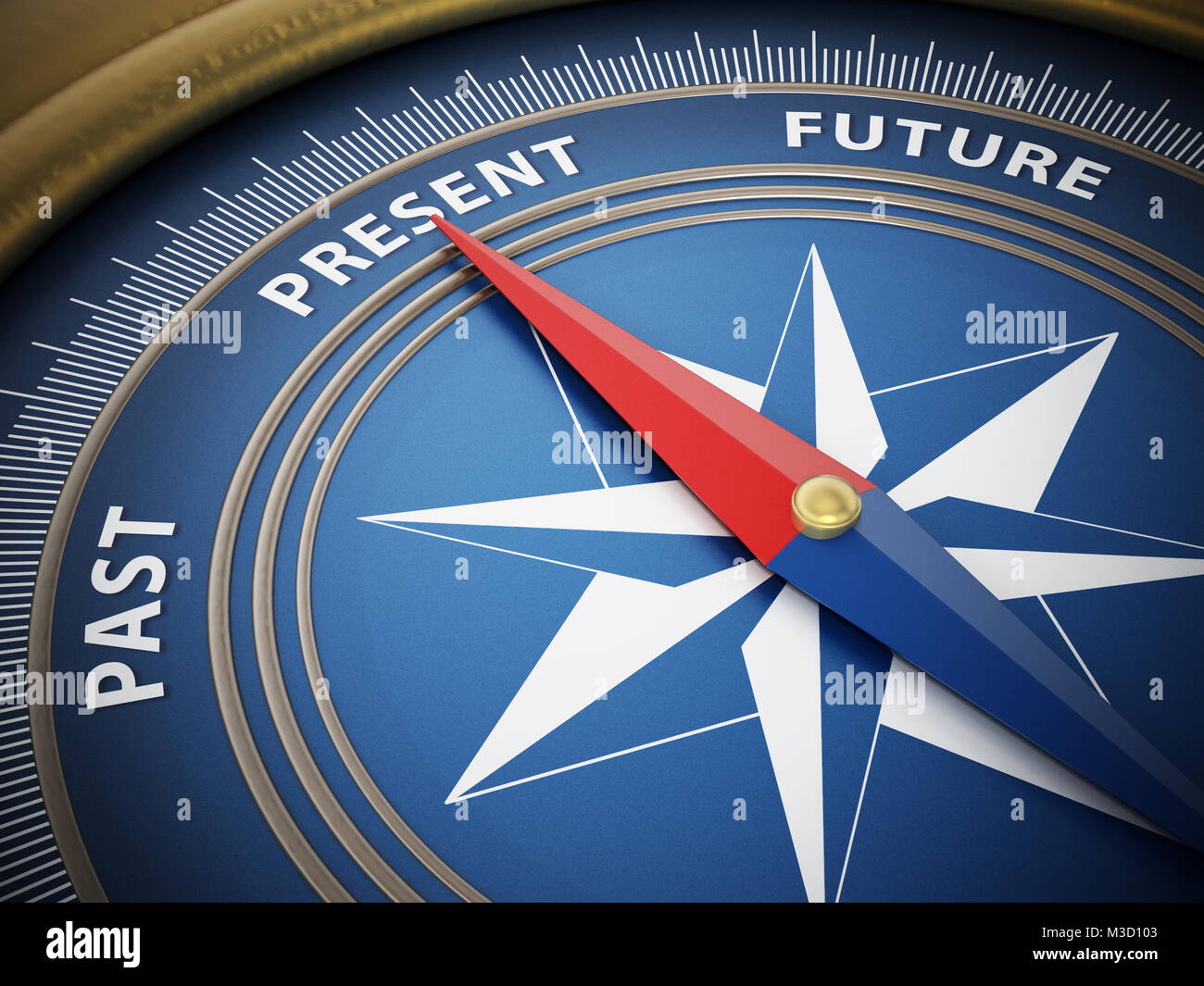 Kompass Nadel nach vorliegenden zwischen Vergangenheit und Zukunft. 3D-Darstellung. Stockfoto
