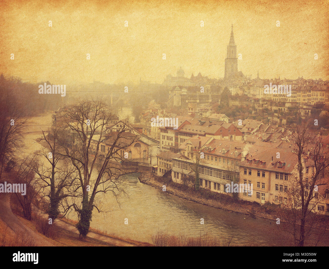 Blick auf die Altstadt von Bern und Aare. Foto im Retro-Stil. Hinzugefügt Papier Textur. Getonten Bild Stockfoto