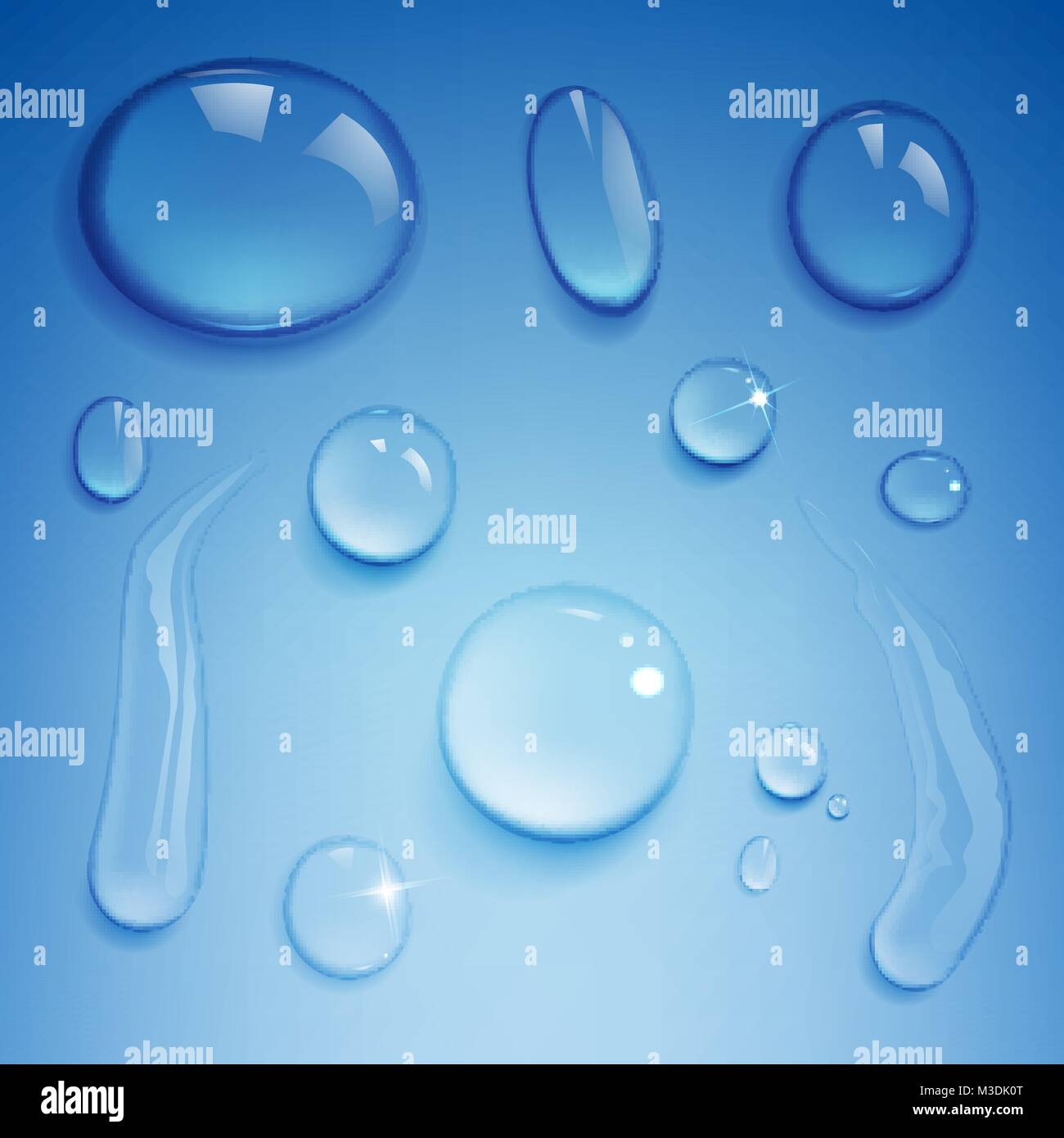 Satz von Wassertropfen auf einem blauen Hintergrund Stock Vektor
