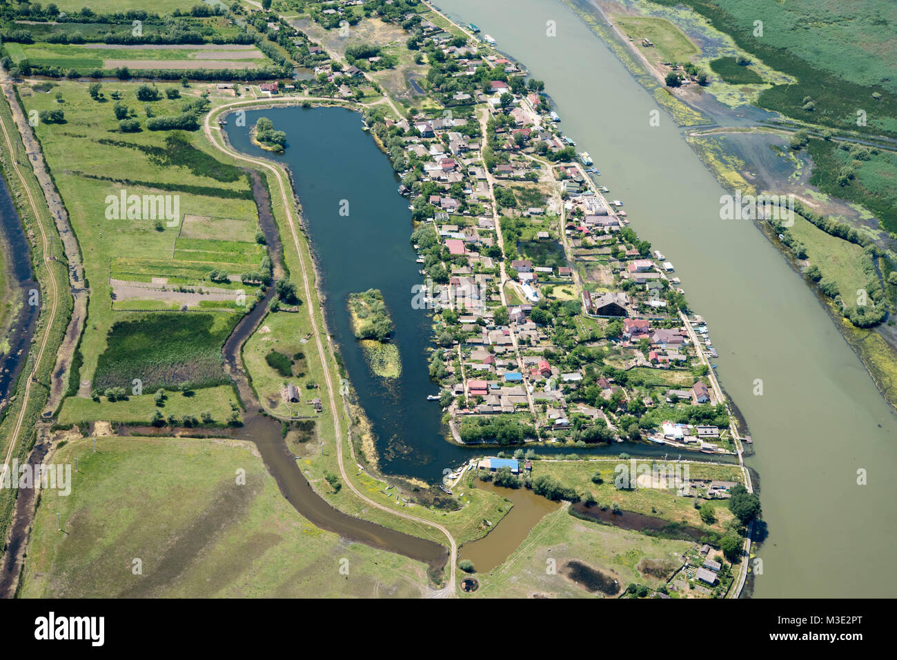 Luftaufnahme über Mila 23 (Meile 23) Dorf, im Donaudelta, Rumänien Stockfoto