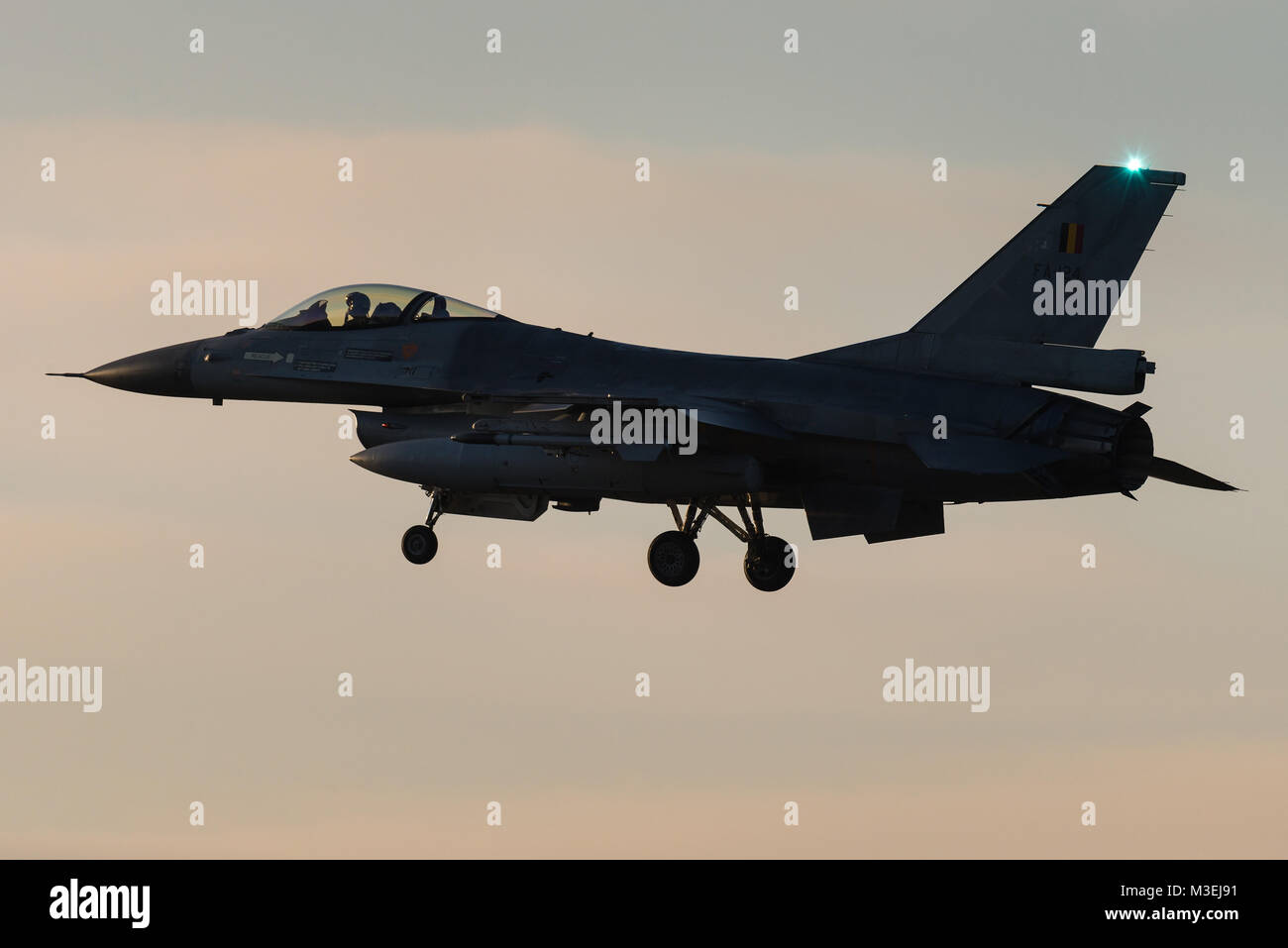 Ein F-16 Kampfjet der belgischen Luftwaffe ist bereit, an der Kleine Brogel Air Base in Belgien bei Sonnenuntergang zu landen. Stockfoto