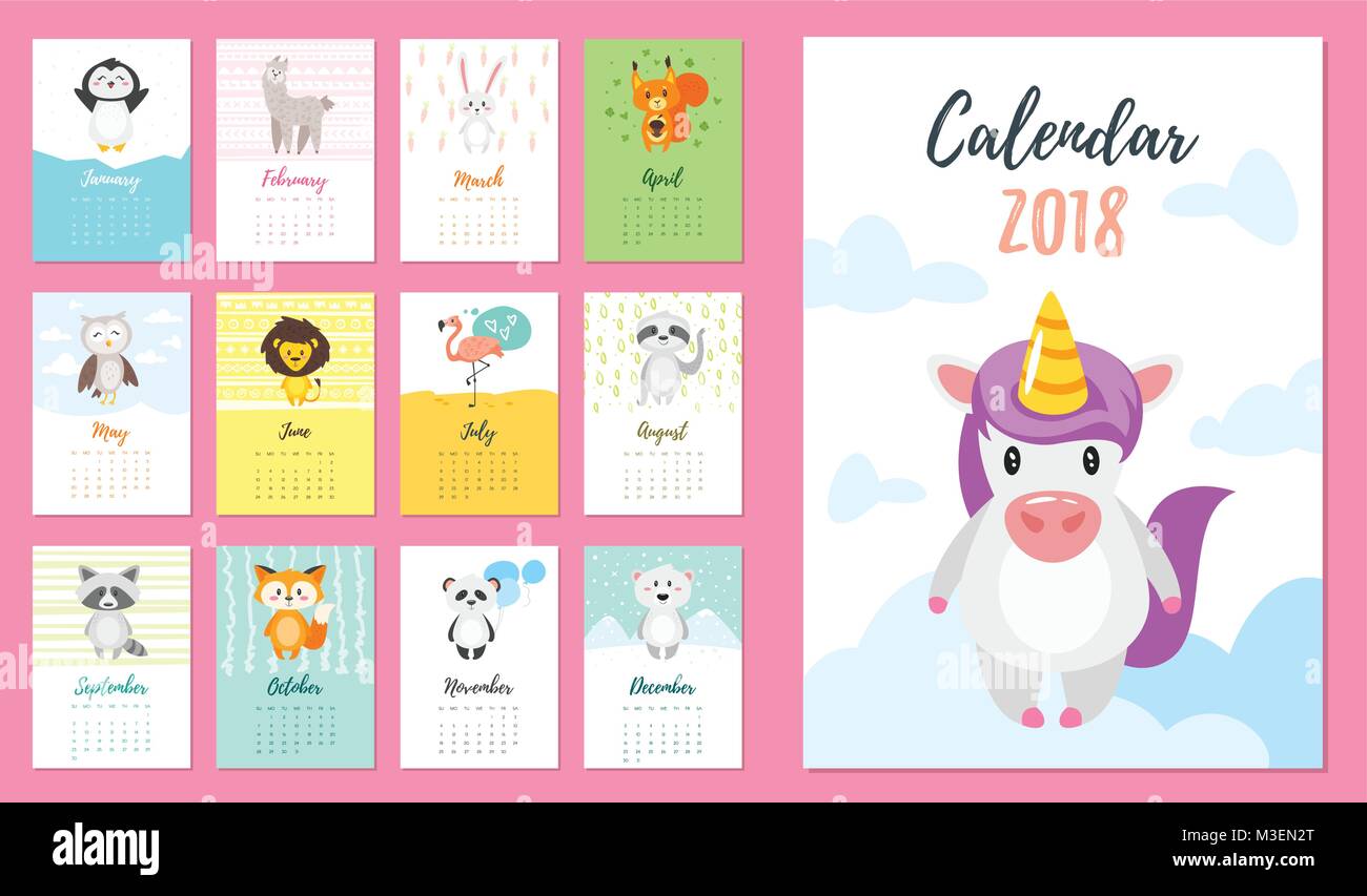 2018 Jahreskalender mit Tieren Stock Vektor