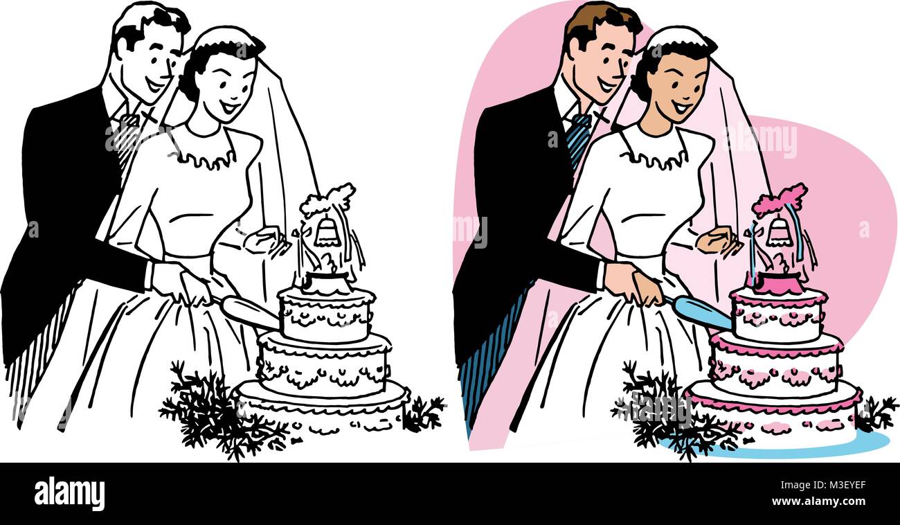 Ein frisch verheiratetes Paar schneidet ein Stück von Ihrer Hochzeitstorte. Stock Vektor