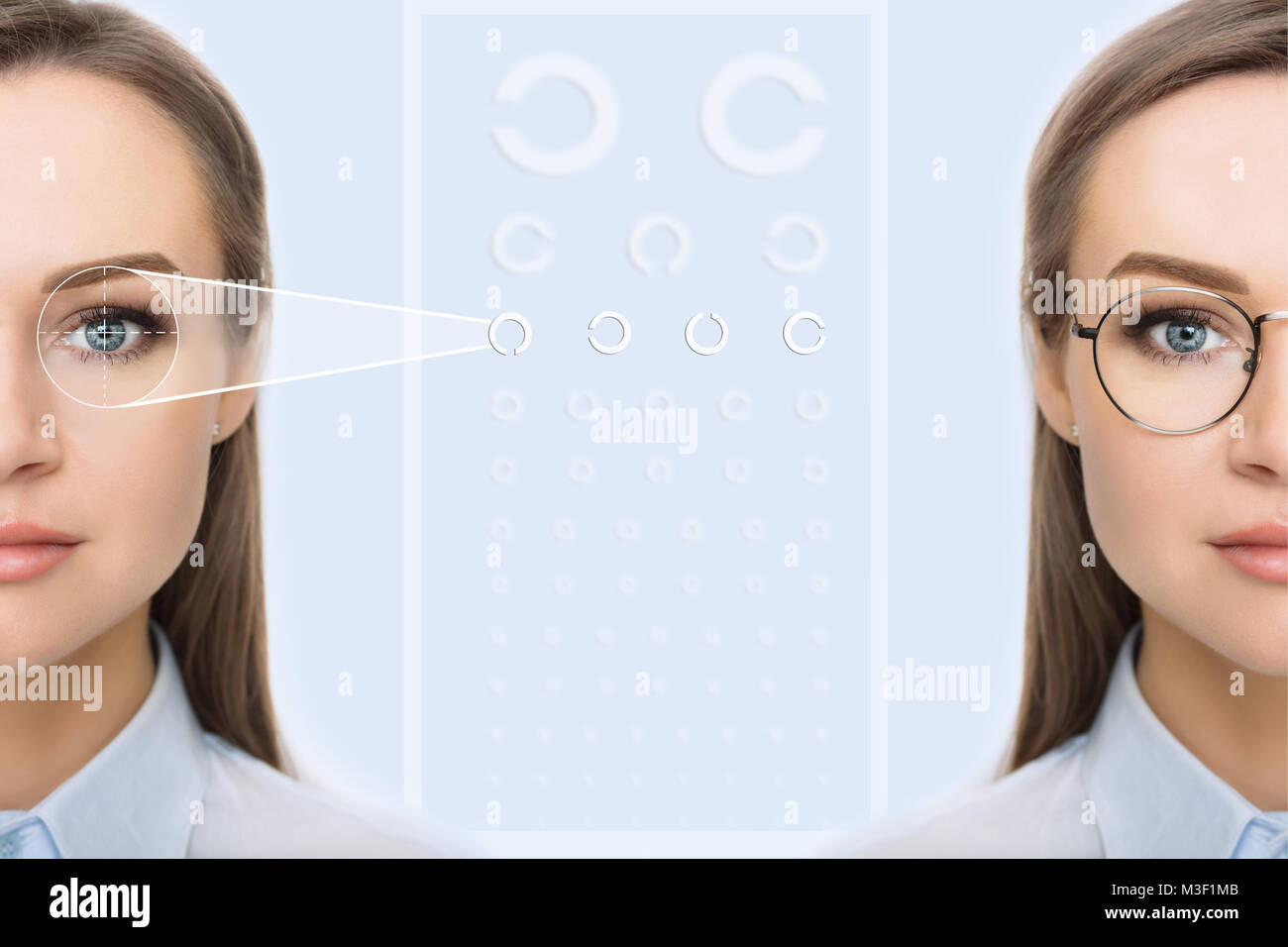 Weibliches Gesicht mit Brille und ohne Brille Stockfoto