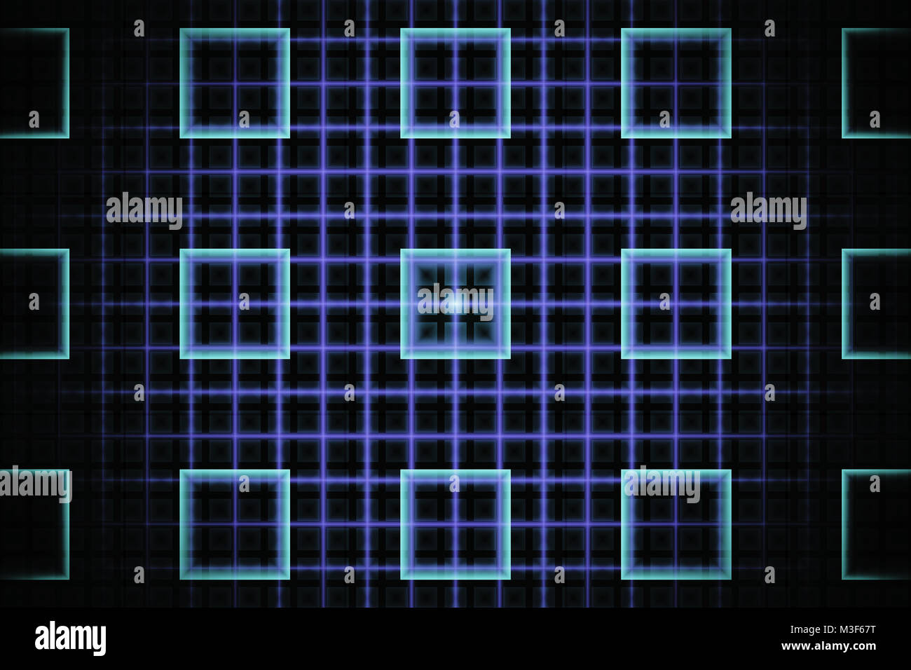 Abstrakte tech Fraktale mit glühenden cyan Quadrate auf einem Neon Violett grid Hintergrund Stockfoto