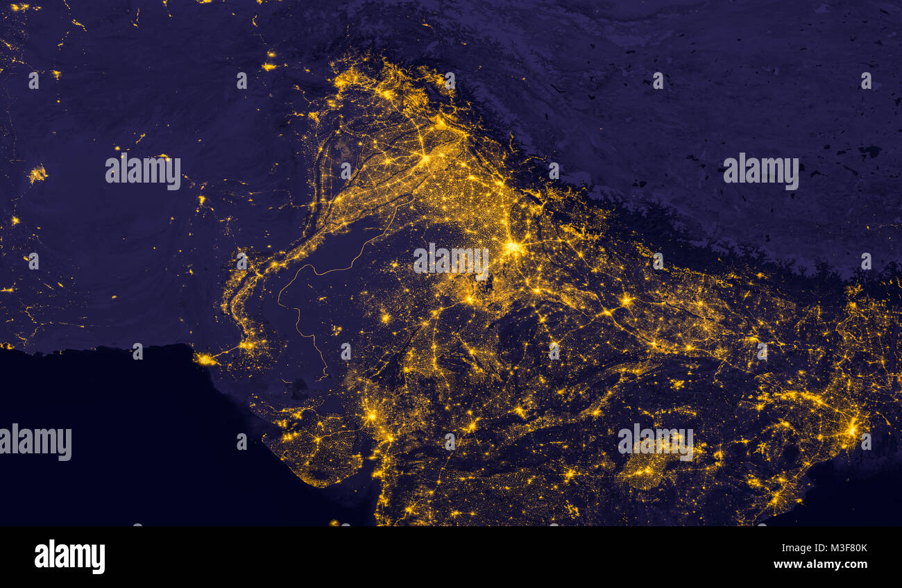 Indien leuchtet bei Nacht, weil es so aussieht, als aus dem Weltraum. Elemente dieses Bild sind von der NASA eingerichtet. Stockfoto
