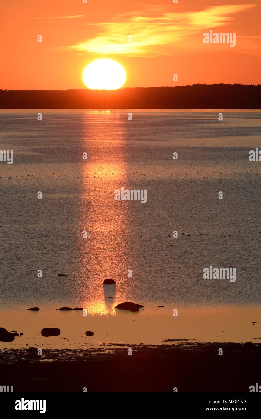 Sonnenuntergang über Matsalu Bucht mit Die reflektierenden Sonnenstrahlen Wasser, Matsalu Nationalpark, Thisted, Estland, September. Stockfoto
