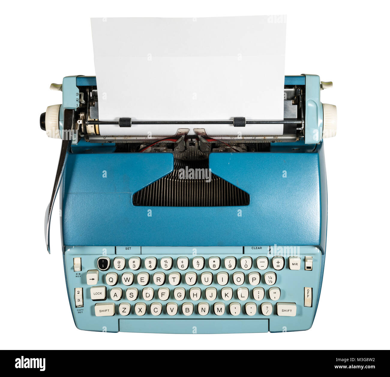 Alte elektrische Schreibmaschine auf weißem Hintergrund Stockfoto