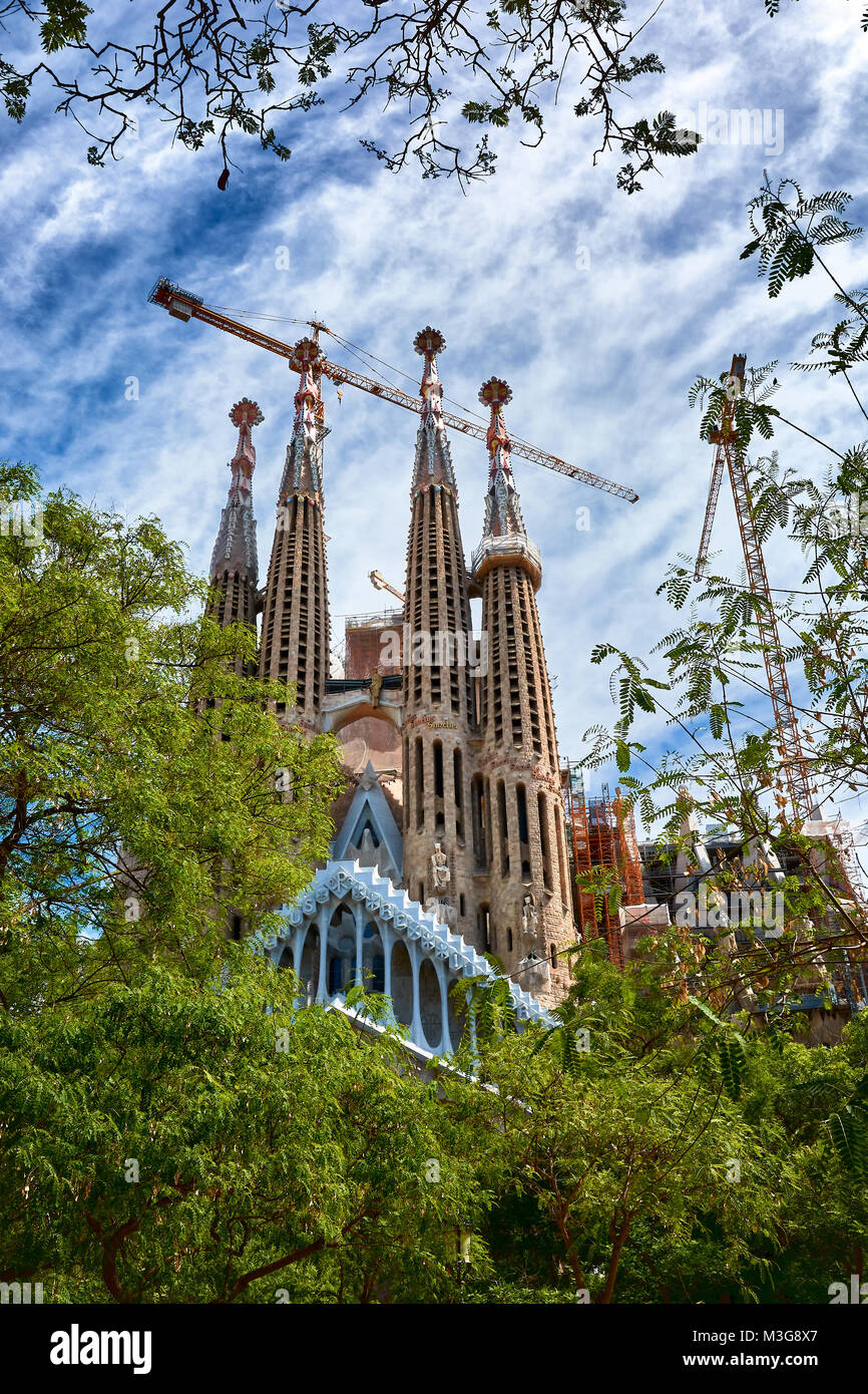 BARCELONA, SPANIEN - 13. MAI 2017: Die Sagrada Familia von Bäumen und einem schönen blauen Himmel umgeben, gesehen von der Gaudi. Stockfoto