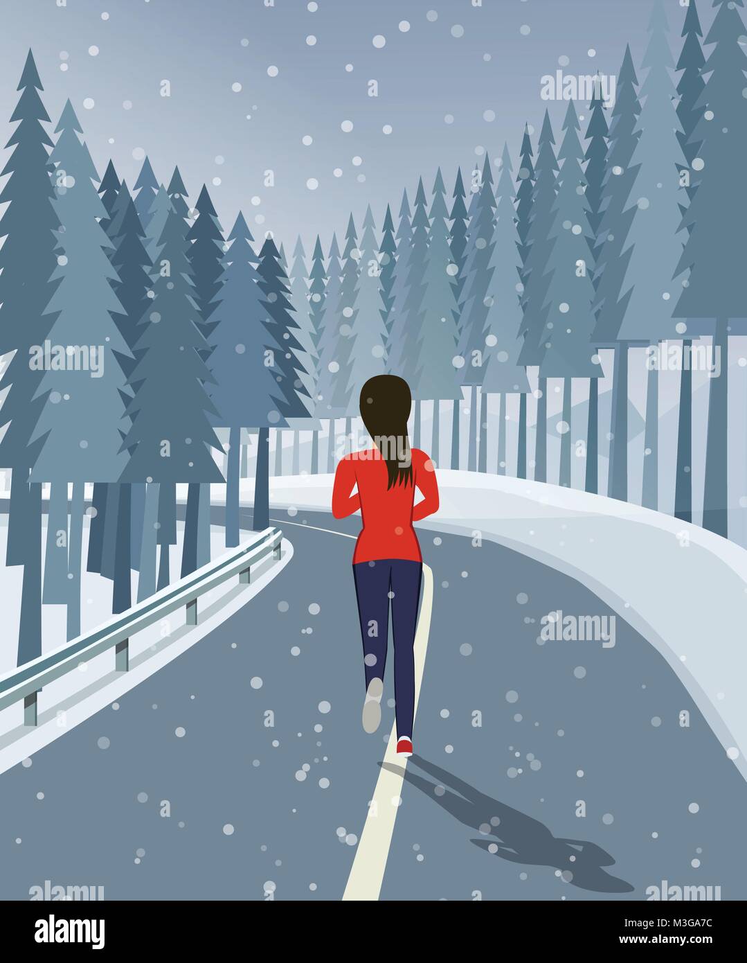 Frau laufen auf der Straße durch Wald und Schnee umgeben, vektor design Stock Vektor