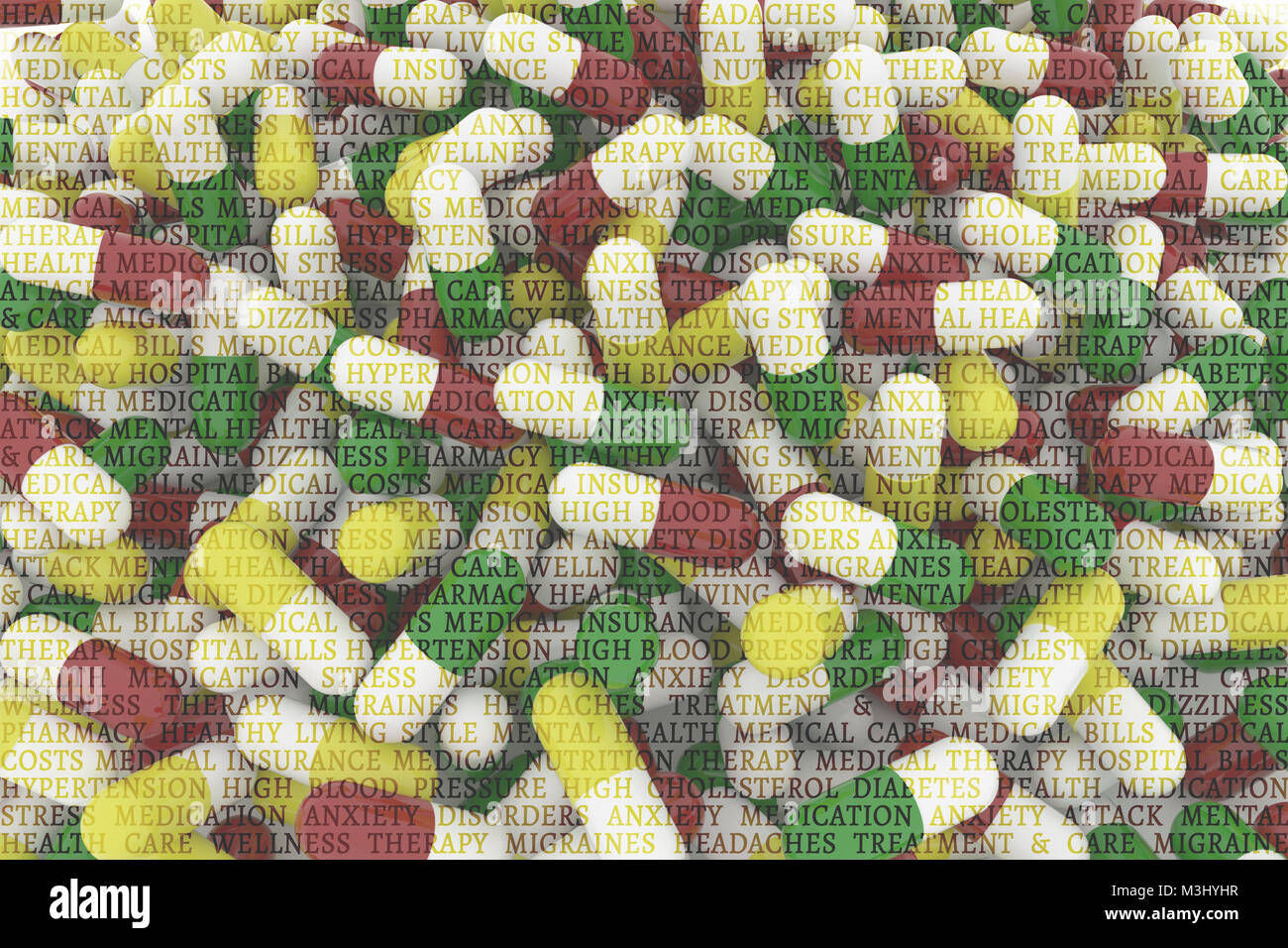 Gesundheit konzeptionelle für Textur oder Hintergrund mit Bündel von Kapseln, Medizin oder Pillen, 3D-rendering Image Stockfoto