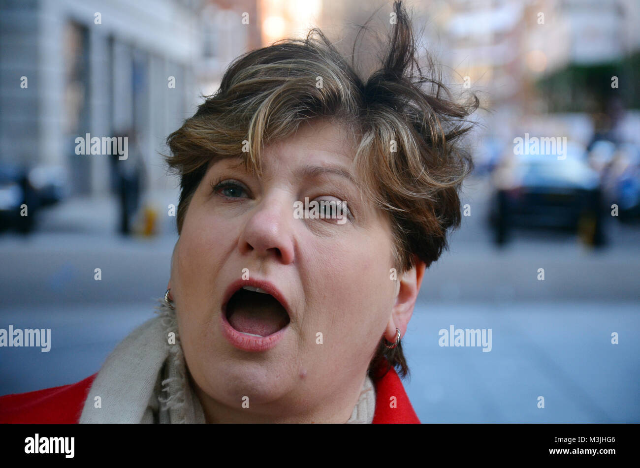 London, UK, 11. Februar 2018 Emily Thornberry Labour MP bei BBC Broadcasting House nach Erscheinen auf der Andrew Marr Show. Credit: JOHNNY ARMSTEAD/Alamy leben Nachrichten Stockfoto