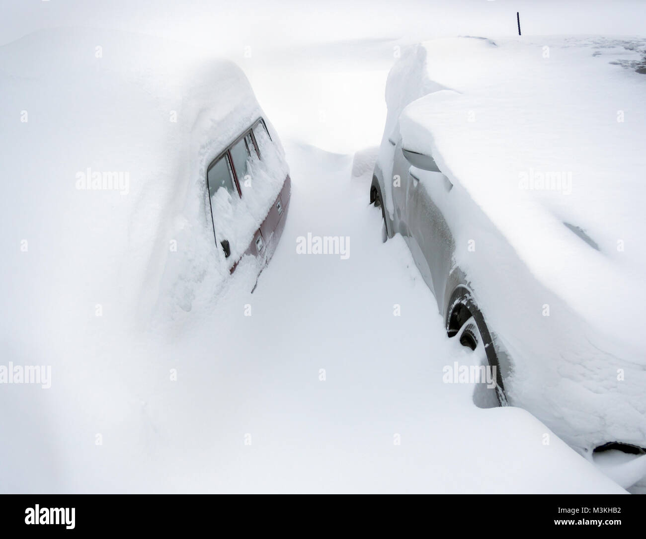 Zwei Autos mit Schnee bedeckt stehen in einer schneeverwehung Stockfoto