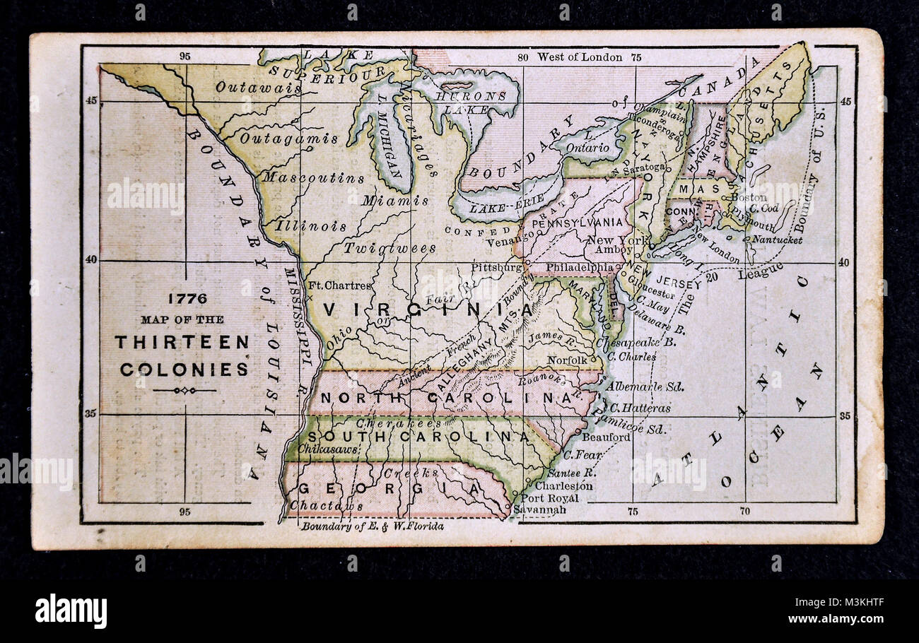 1882 Bradstreet Atlas Karte - Vereinigten Staaten dreizehn Kolonien 1776 Stockfoto