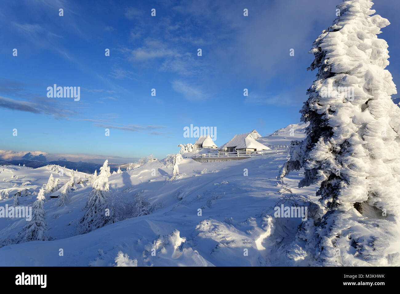 Szene Winter auf einem schneebedeckten Berg mit gefrorenen Kabinen und Pinien. Stockfoto