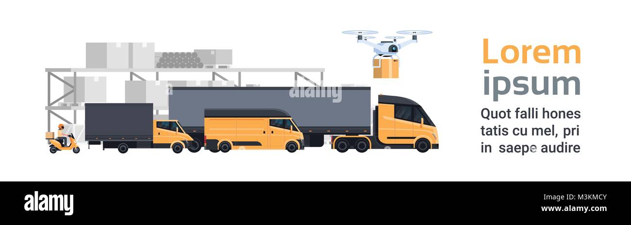 Lager Lieferung, verschiedene Lkw Pkw und Lkw über Container Shipping und Transport Konzept horizontaler Banner mit Kopie Raum Stock Vektor