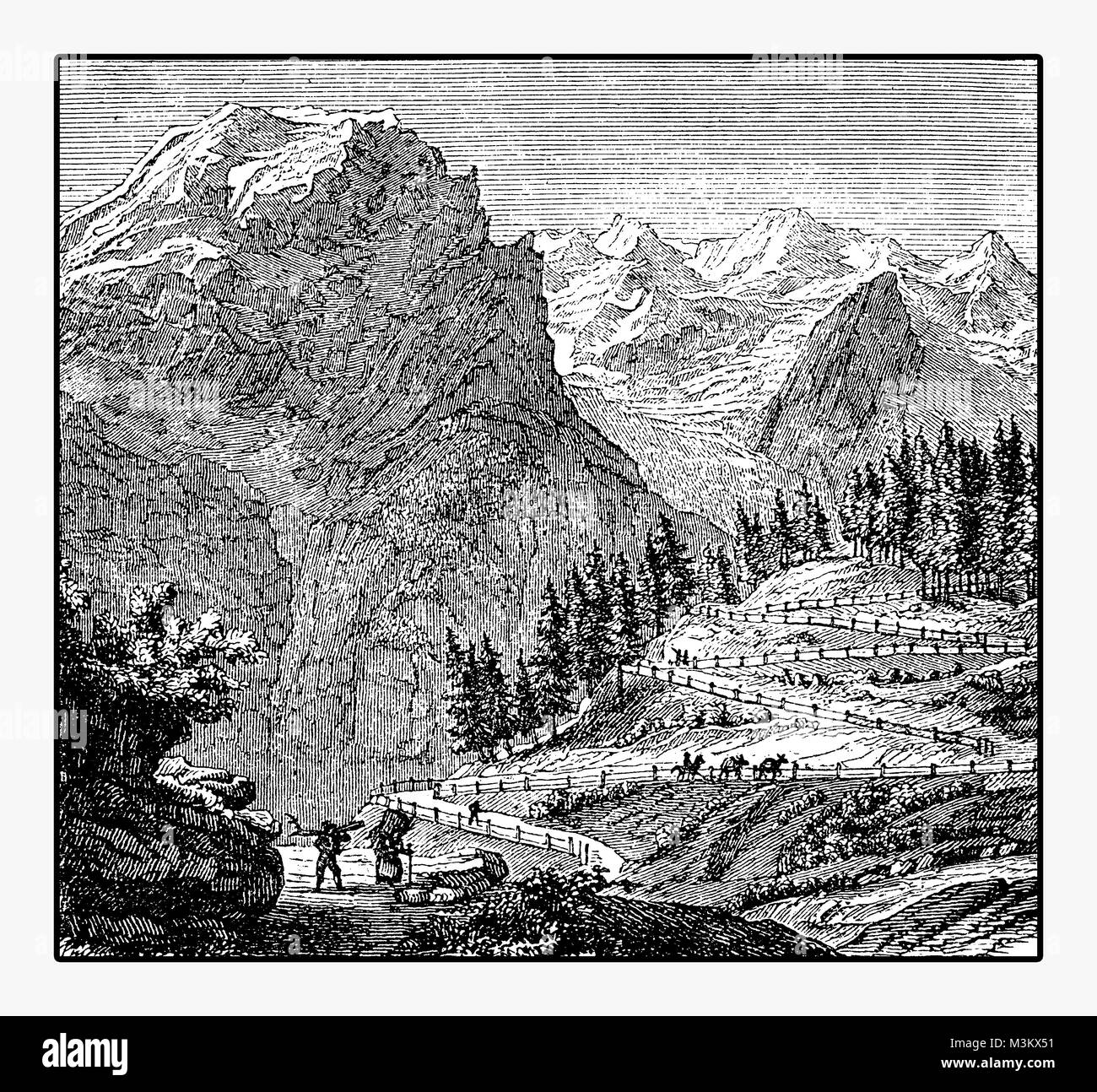 Panoramablick auf die Berge Route und der Ortler, der höchste Berg der Ostalpen, vintage Gravur Stockfoto