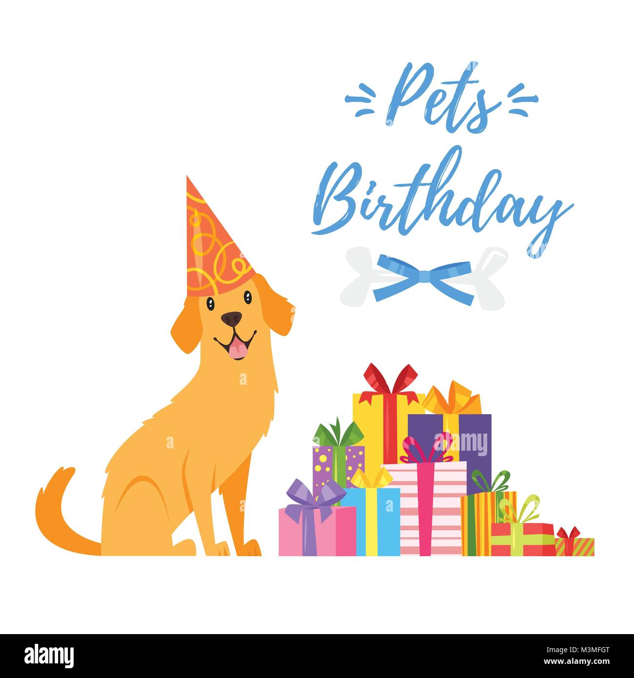 Vektor Cartoon Stil Abbildung: Haustiere geburtstag Grußkarte mit Haufen Geschenke und glücklicher Hund - Golden Labrador in Geburtstag Kegels hat. Stock Vektor