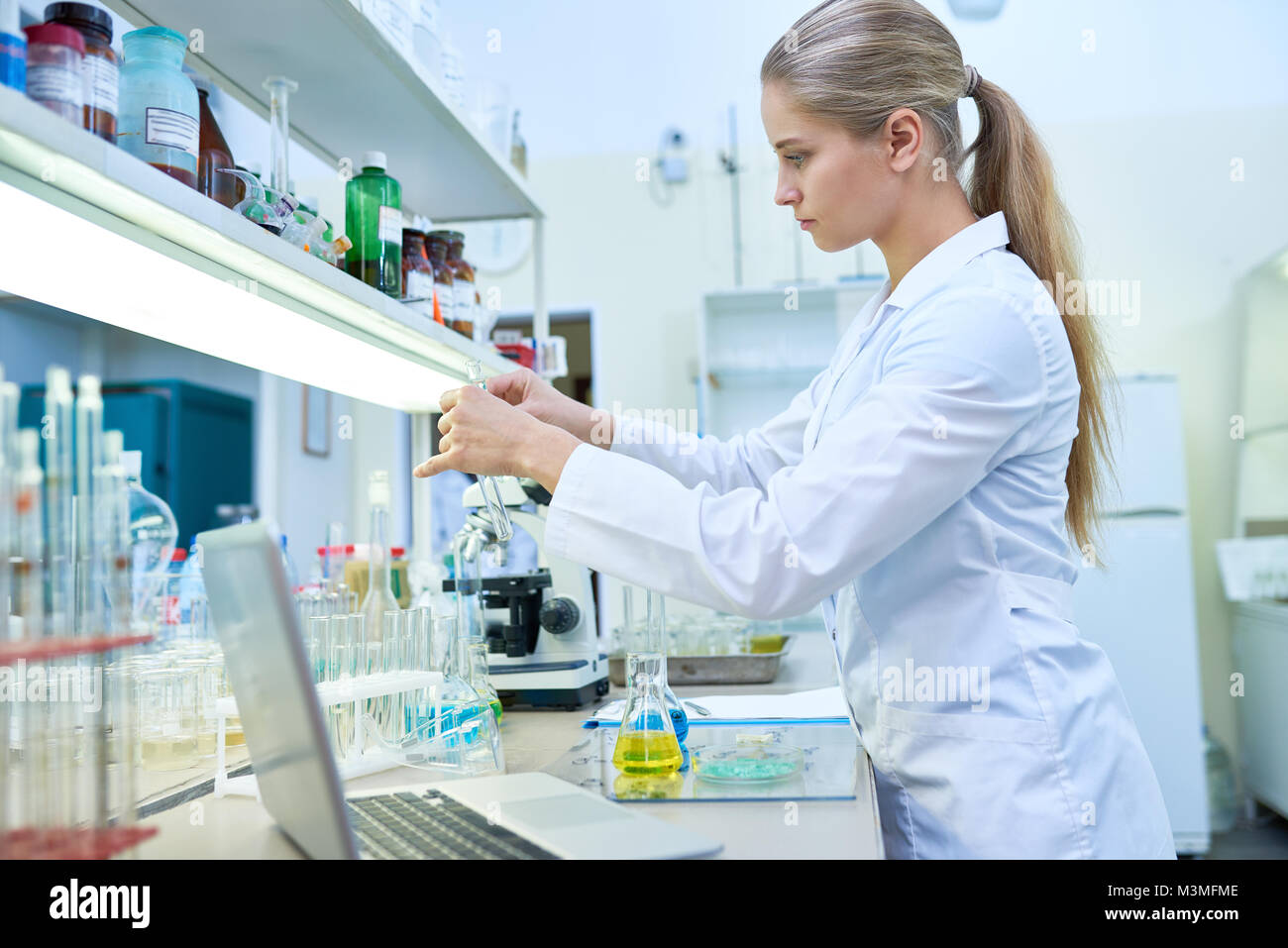 Weibliche Wissenschaftler arbeiten mit Röhrchen Stockfoto