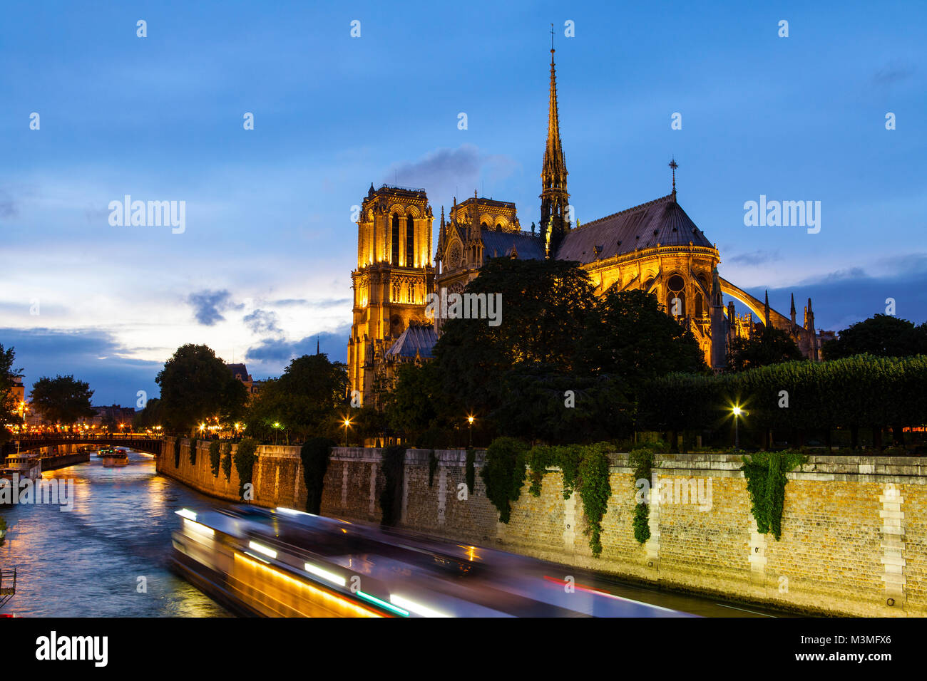 Notre Dame de Paris und Seine bei Nacht Stockfoto