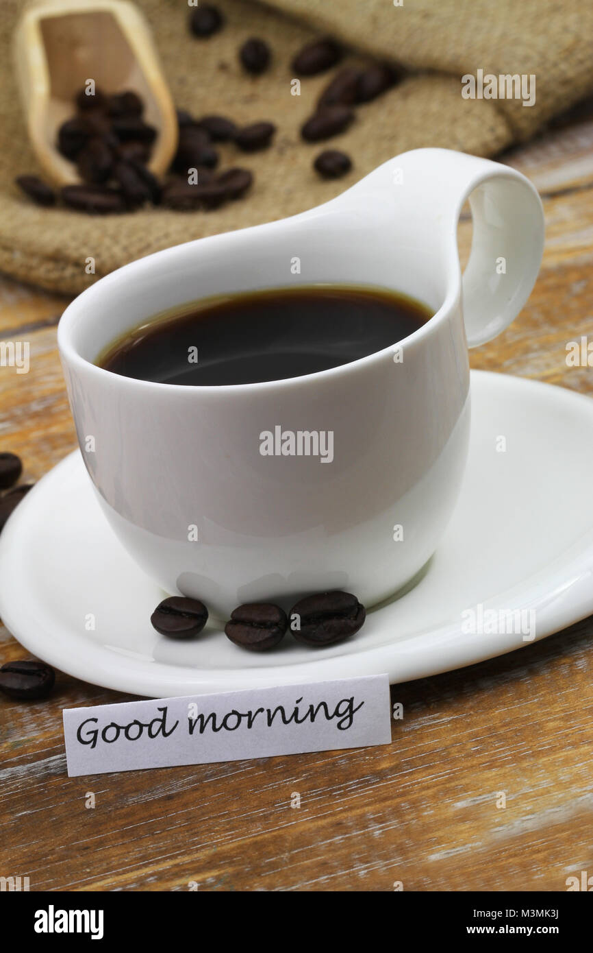 Guten Morgen Karte mit Tasse schwarzen Kaffee, Nahaufnahme Stockfoto