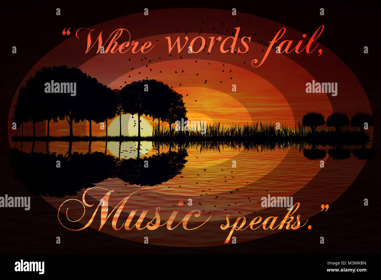 Inspirierende Zitat "Wo Worte versagen, Musik spricht.' auf einen Sonnenuntergang Hintergrund mit einer Gitarre Insel mitten im Ozean Stockfoto