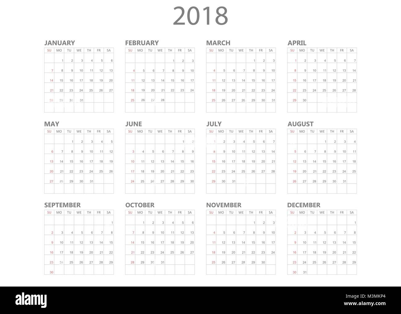 Kalender 2018 Jahr in einem einfachen Stil. Kalender Planer design Vorlage. Woche beginnt am Sonntag. Business Vector Illustration. Stock Vektor