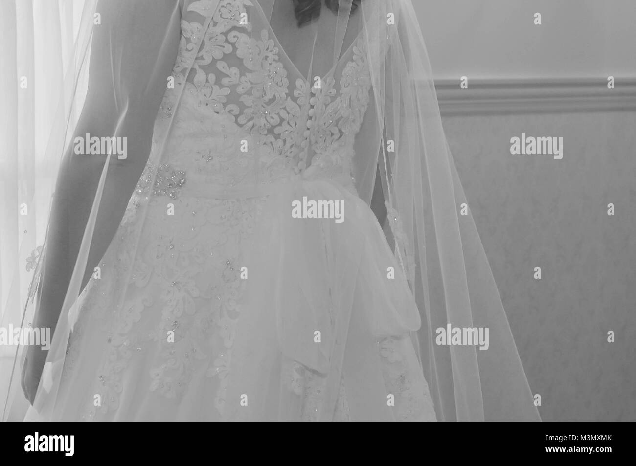 Schwarz-Weiß-Bild einer Braut in ihrem Brautkleid Stockfoto