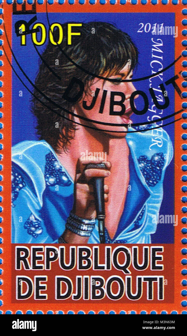 Dschibuti - ca. 2011: eine Briefmarke in der Republik Dschibuti gedruckt, Sir, Michael Philip bin ick' Jagger, ca. 2011 Stockfoto