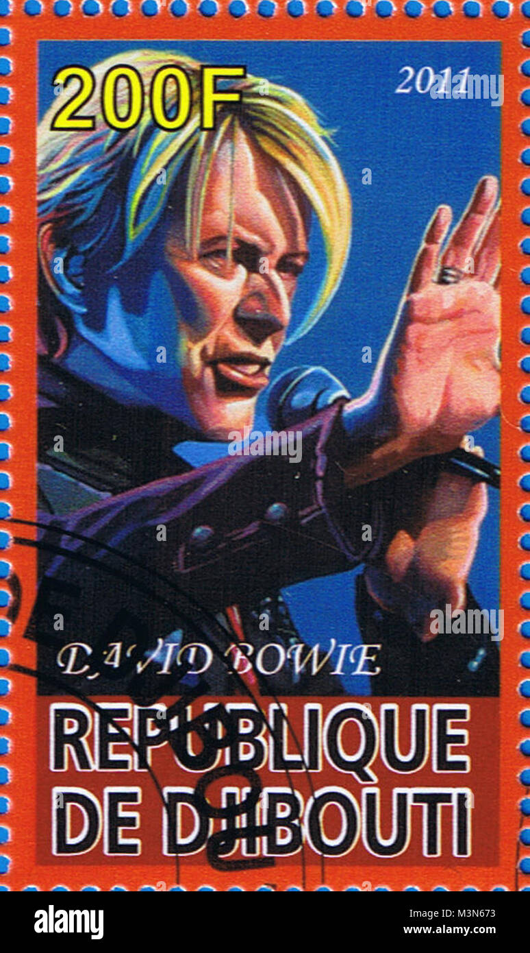Dschibuti - ca. 2011: eine Briefmarke in der Republik Dschibuti, David Bowie, ca. 2011 gedruckt Stockfoto
