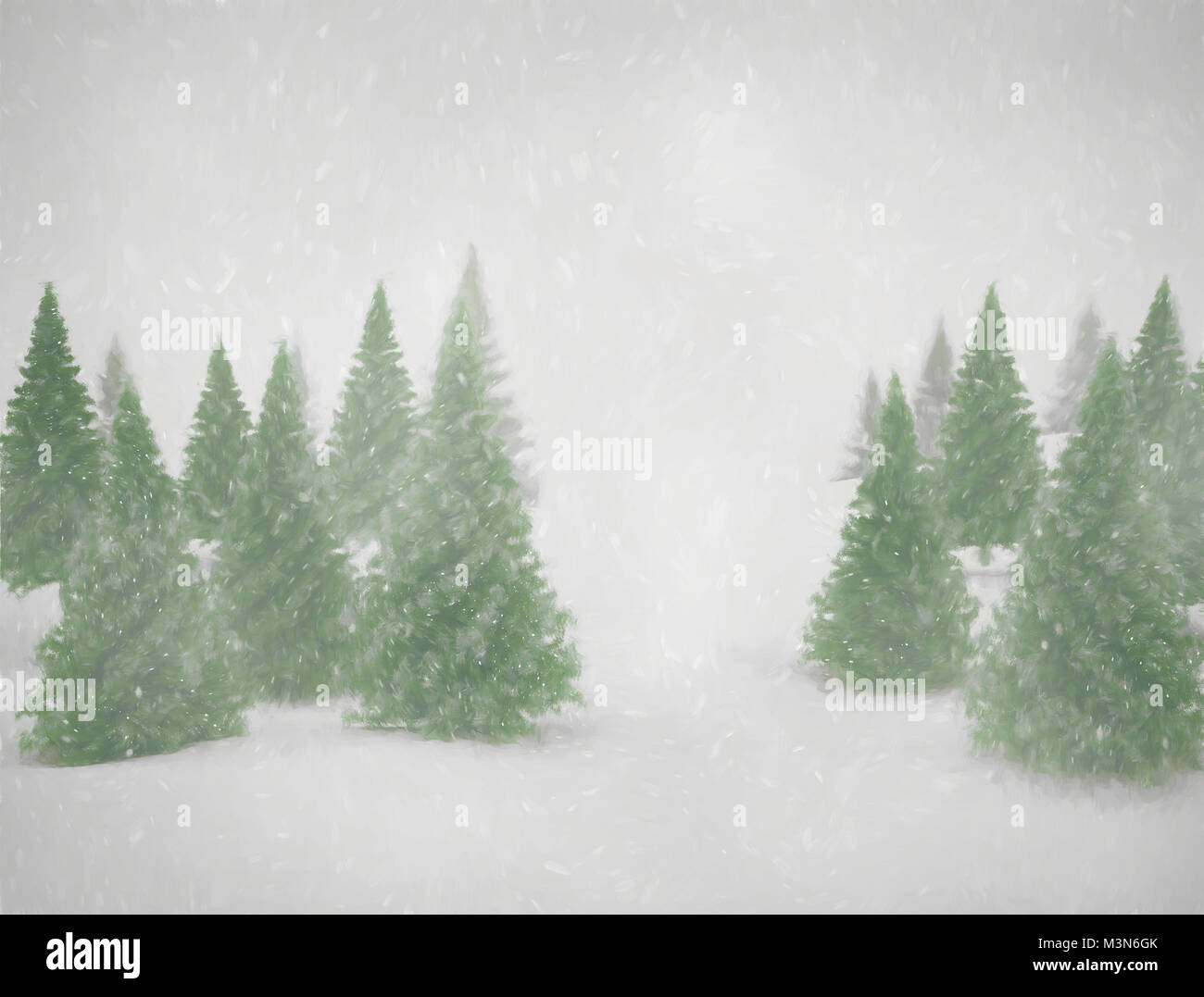 Gemälde von grünen Pinien und Schnee Stockfoto