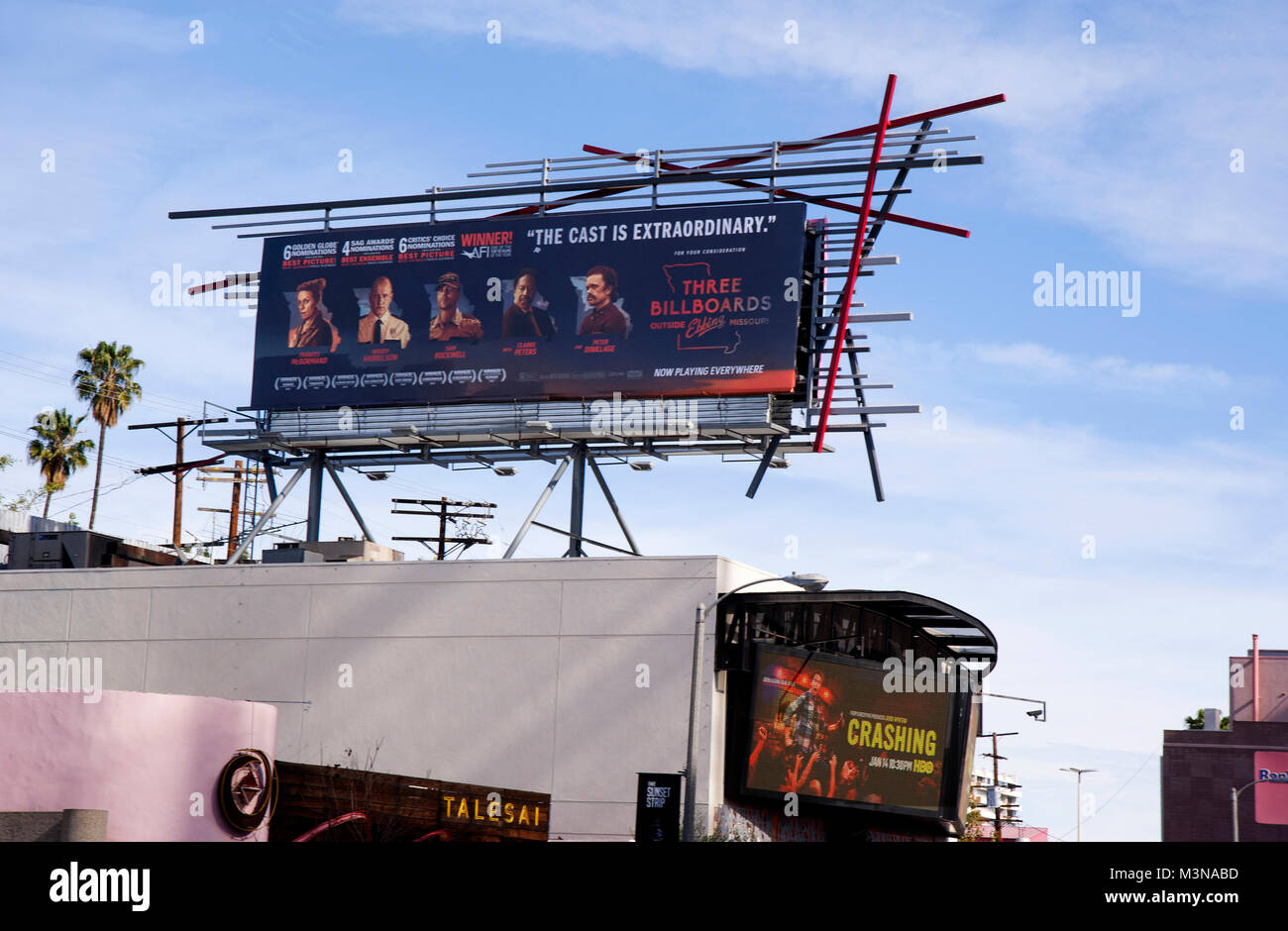 Innovative Sunset Strip Anschlagtafel für Film drei Anzeigentafeln in Los Angeles, CA Stockfoto