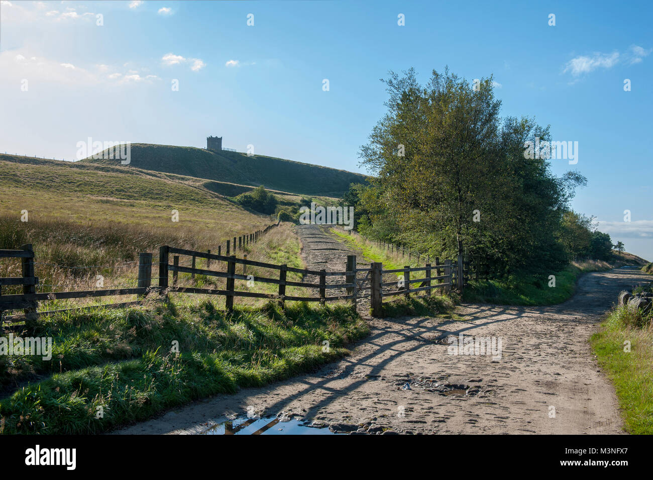 Die berühmten Wahrzeichen von Lancashire Rivington Pike Chorley Großbritannien in der Morgensonne ein Liebling mit Wanderern aus Nah und Fern Stockfoto