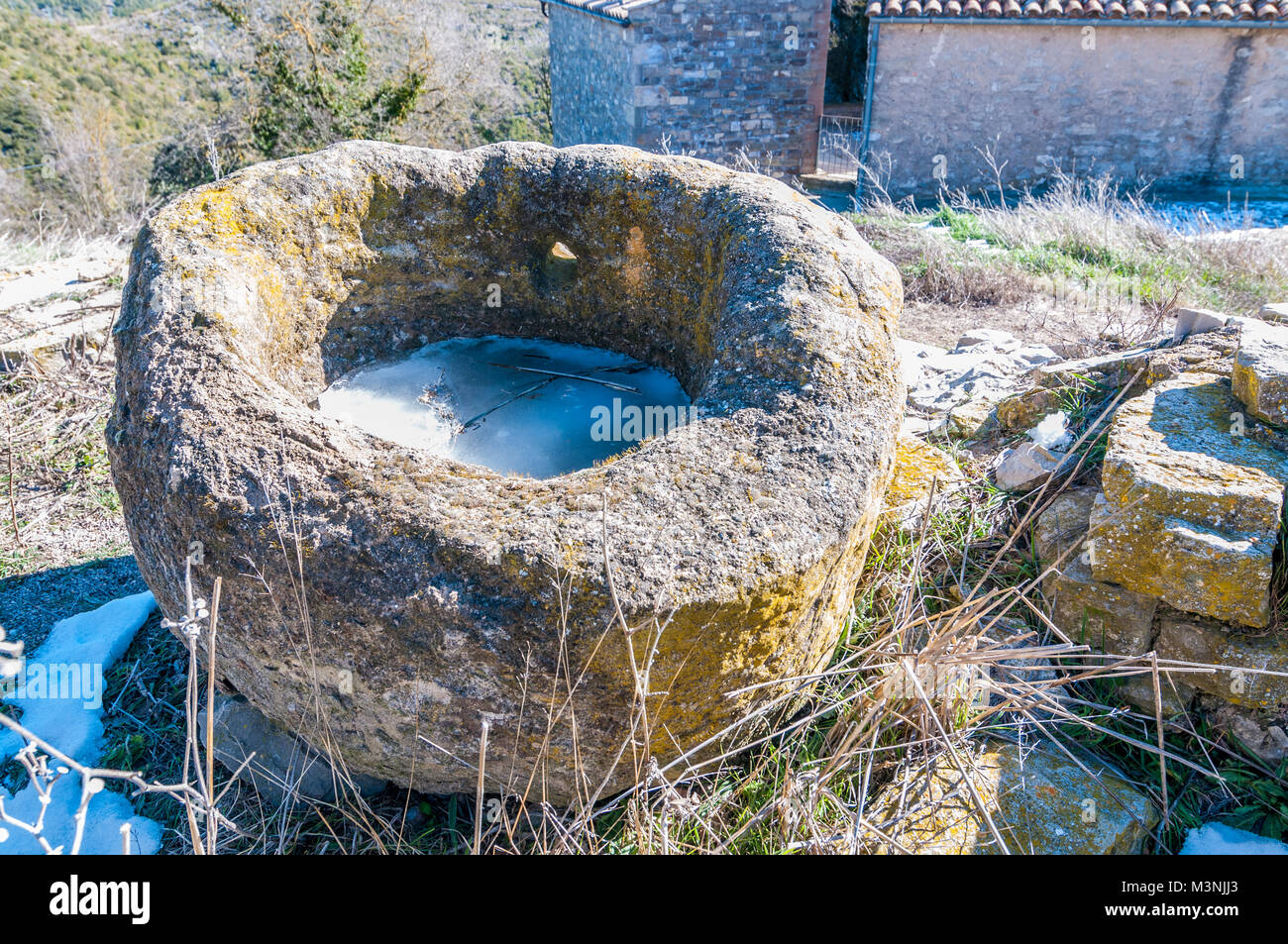 Alten Steintrog, Waschbecken, Castelltallat, Katalonien, Spanien Stockfoto
