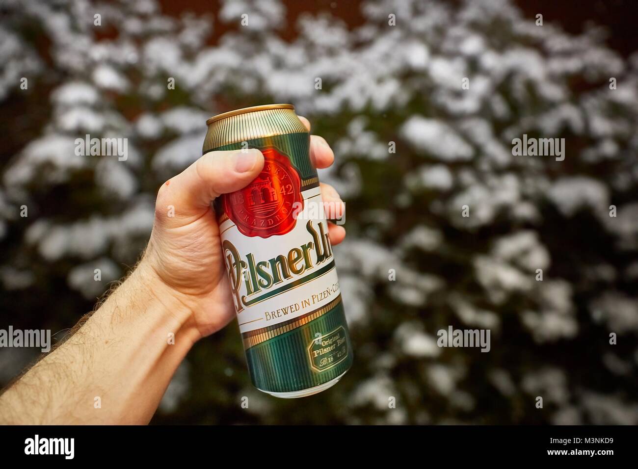 BUDAPEST, Ungarn - 29. JANUAR 2018: Holding a kann der Pilsner Urquell,  beliebte tschechische Bier in Pilsen gebraut Stockfotografie - Alamy