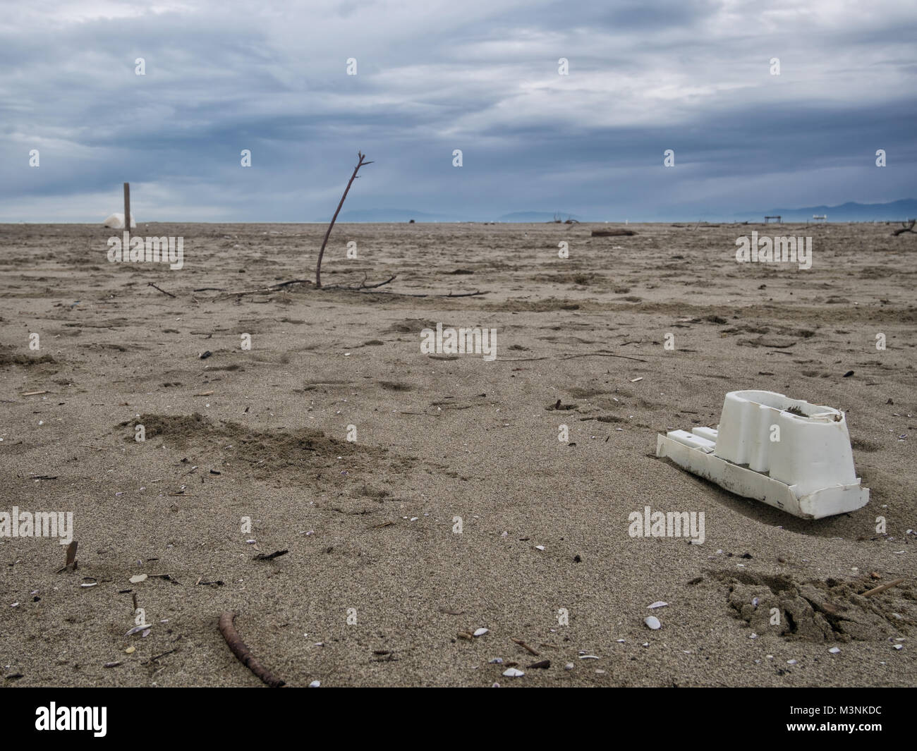 Plastikmüll, Container, am Strand. Umweltverschmutzung. Stockfoto
