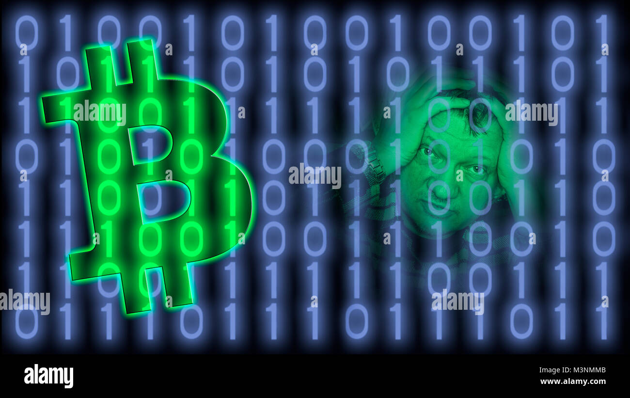 Bitcoin, crypto Währungen und virtuelle Worldwide Payment Systems. Zusammenfassung Hintergrund aus den binären Code mit der BTC unterzeichnen und ein frustrierter Mann. Stockfoto