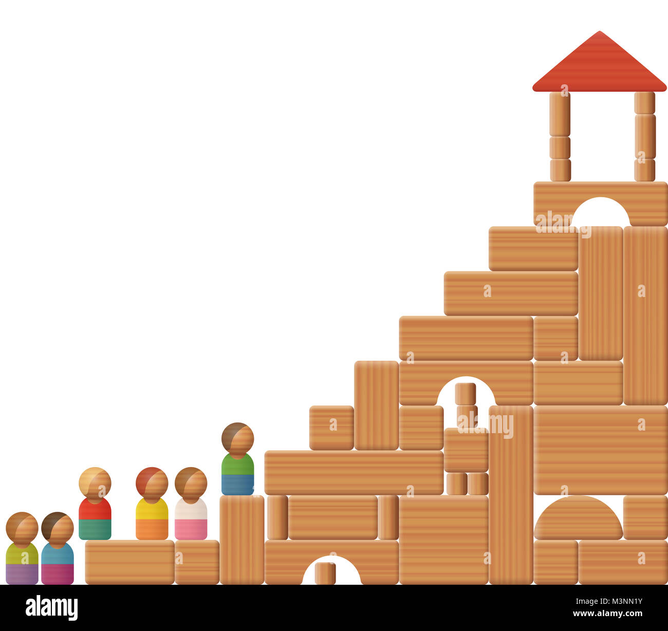 Treppe zum Erfolg mit Bausteinen und Spielzeug Abbildungen dargestellt. Symbol für Bildung, Karriere, erhöhen, Wachstum, Entwicklung, Wohlstand oder Sieg. Stockfoto