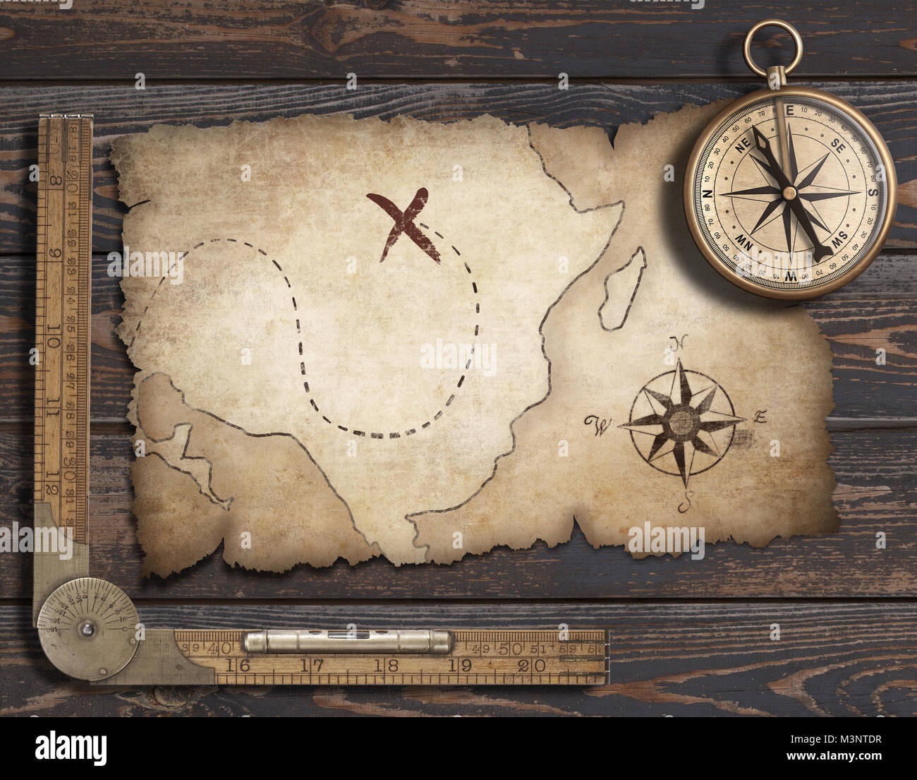 Alte leere Map-Hintergrund mit Kompass. Abenteuer und Reisen-Konzept. 3D Illustration. Stockfoto