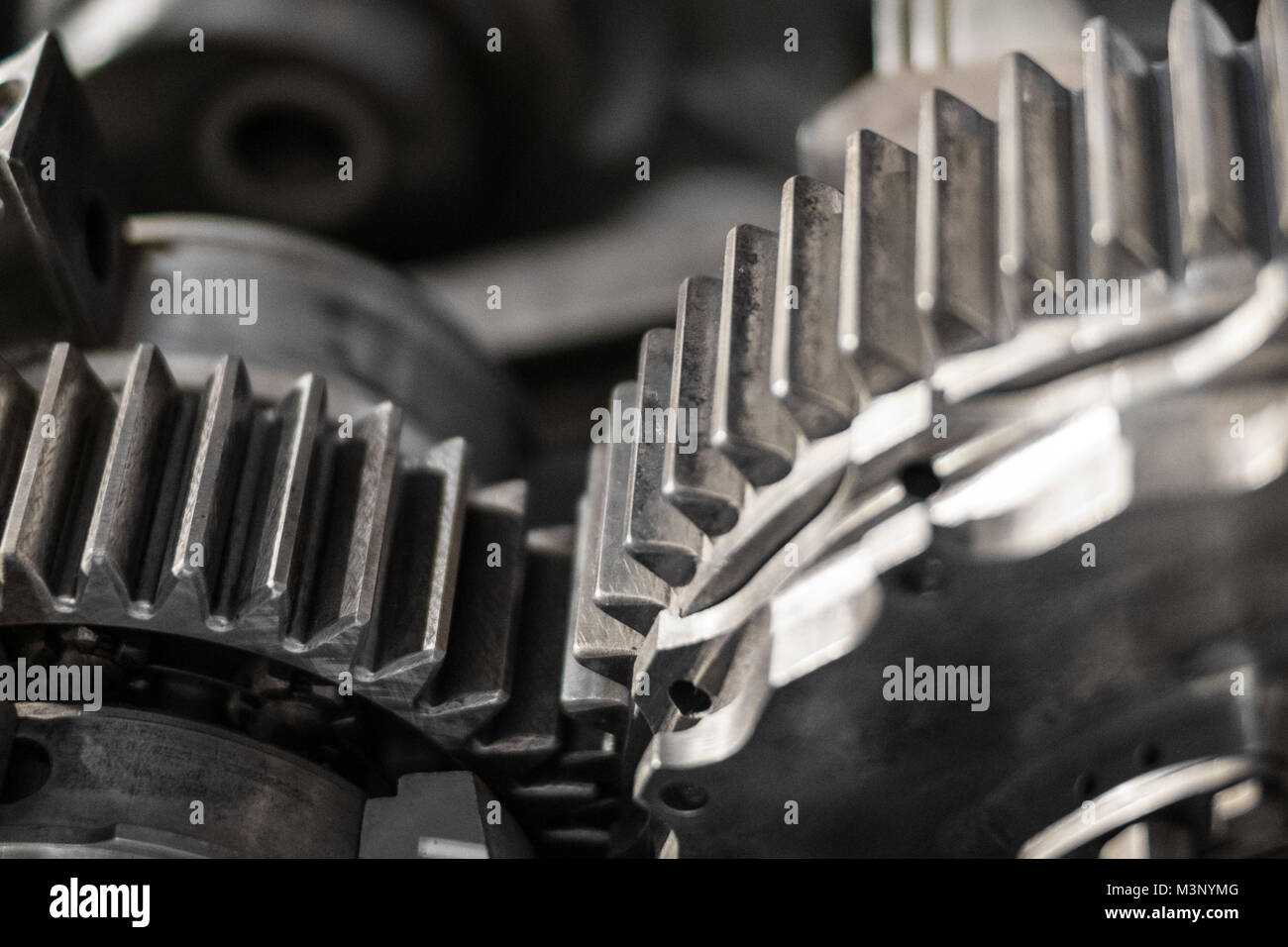 Zahnräder und Getriebe closeup, vintage Maschinen makro- Stockfoto