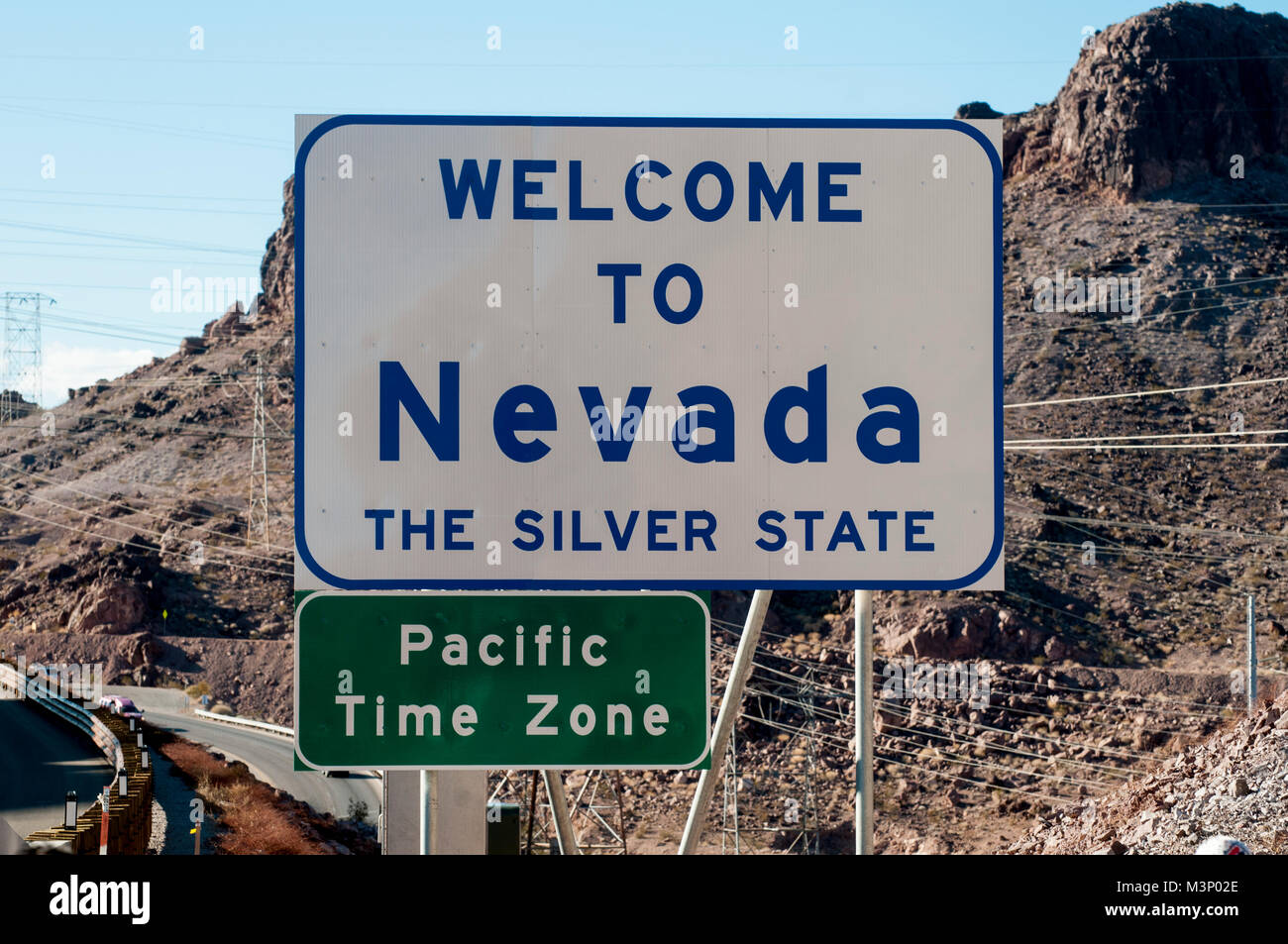 Nevada. Zustand Willkommen Schild mit Pacific Time Zone unterzeichnen. Stockfoto