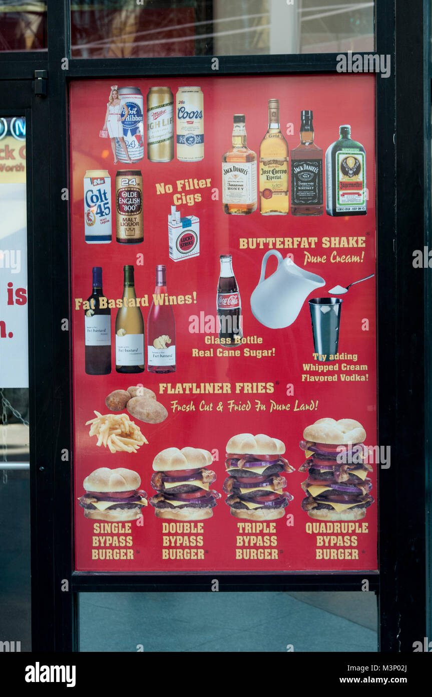 Las Vegas, Nevada. Heart Attack Grill. Das Menü zeigt alle ungesunden Lebensmitteln es dient. Stockfoto