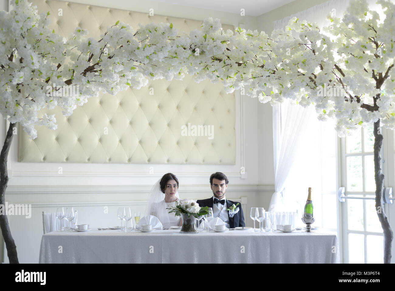 Schöne dunkelhaarige Braut und Bräutigam auf eine gestaltete Hochzeitstag - traditionelles weißes Kleid/schwarzen Anzug - Art déco-Stil mit hellen, sonnigen Tag Stockfoto