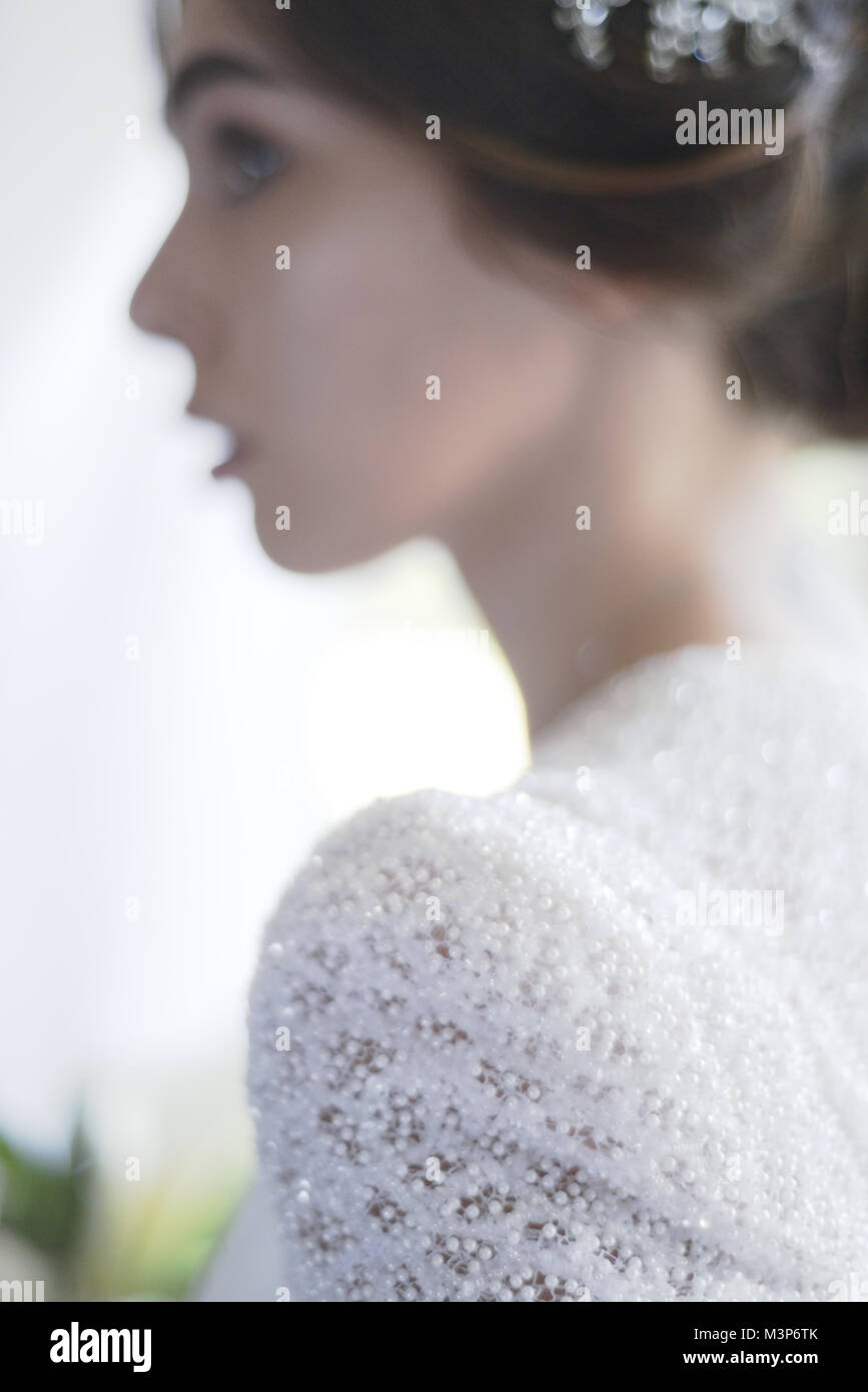 Eine schöne dunkelhaarige Braut tragen eine teure Hochzeit Kleid an einem sonnigen Tag - Hell Stockfoto