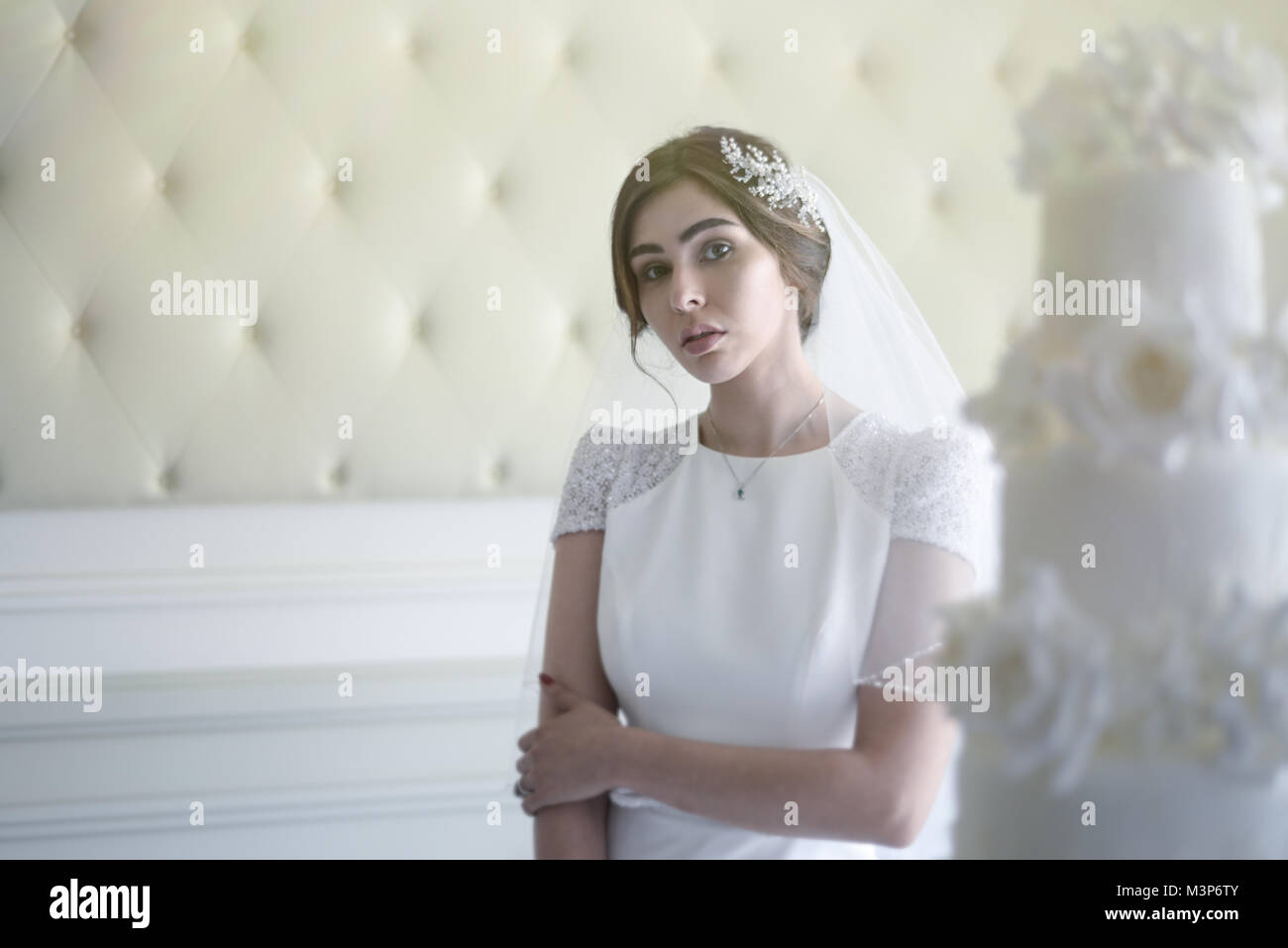 Eine schöne dunkelhaarige Braut tragen eine teure Hochzeit Kleid an einem sonnigen Tag - Hell Stockfoto