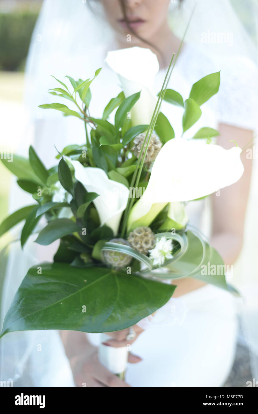 Eine schöne dunkelhaarige Braut tragen eine teure Hochzeit Kleid an einem sonnigen Tag - Hell Stockfoto