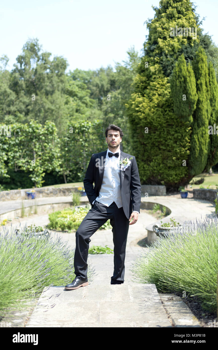 Porträt einer hübschen dunkelhaarigen jungen Mann Hochzeit Kleidung auf einem hellen, sonnigen Tag, blickt er zuversichtlich und fröhlich Stockfoto